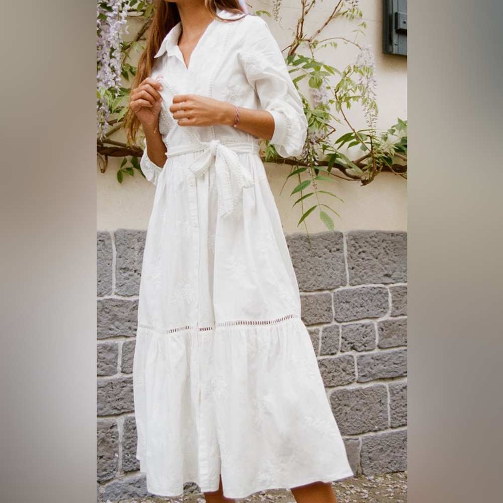 Zara White Midi Dress with Tie Waist